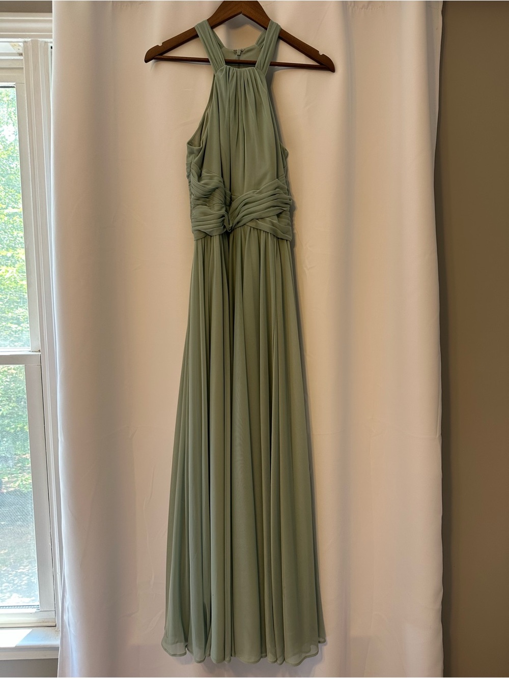David's Bridal Sage Green Halter Knot Maxi Dress